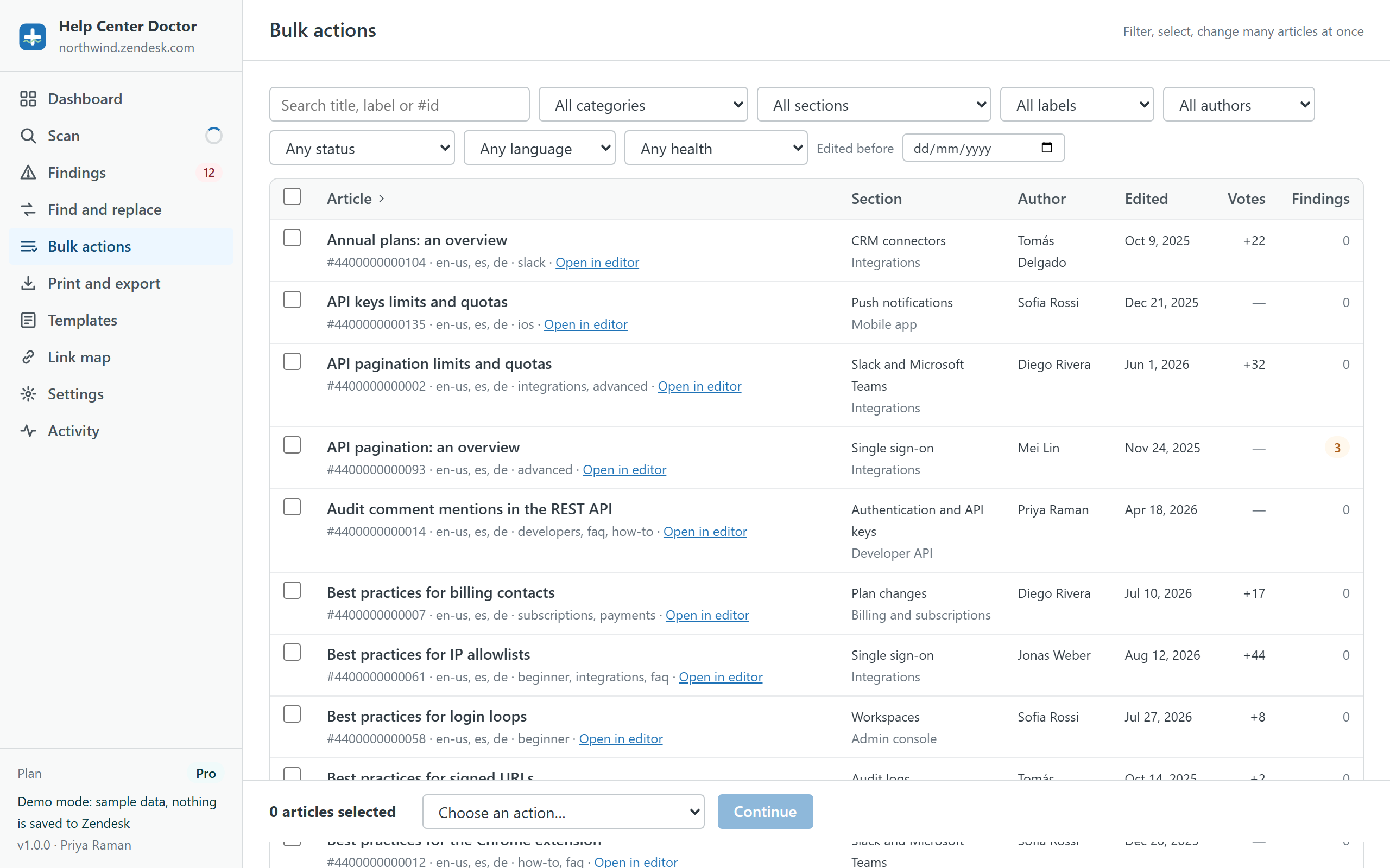 Bulk actions screen with filters for category, section, label, author, status, language, health and edited-before date, an article table with section, author, edited date, votes and findings, and a Choose an action picker
