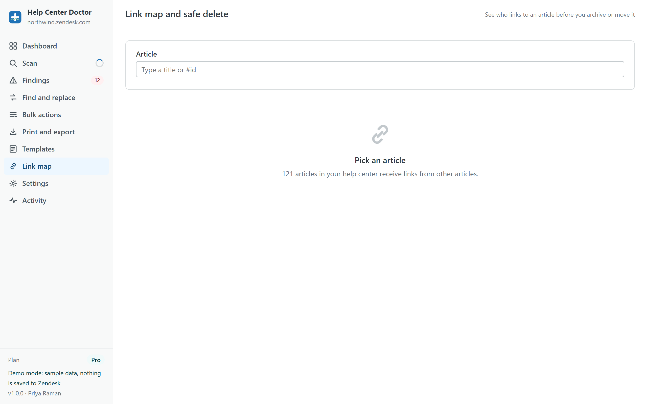 Link map and safe delete screen with an article picker and the note that 116 articles in the help center receive links from other articles