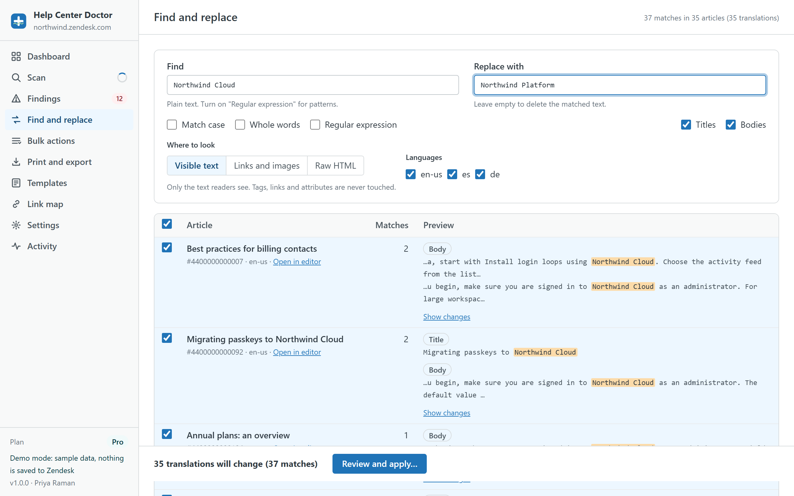 Find and replace screen replacing Northwind Cloud with Northwind Platform: 27 matches in 25 articles, visible-text scope, three languages ticked, a preview column with highlighted matches and a Review and apply button